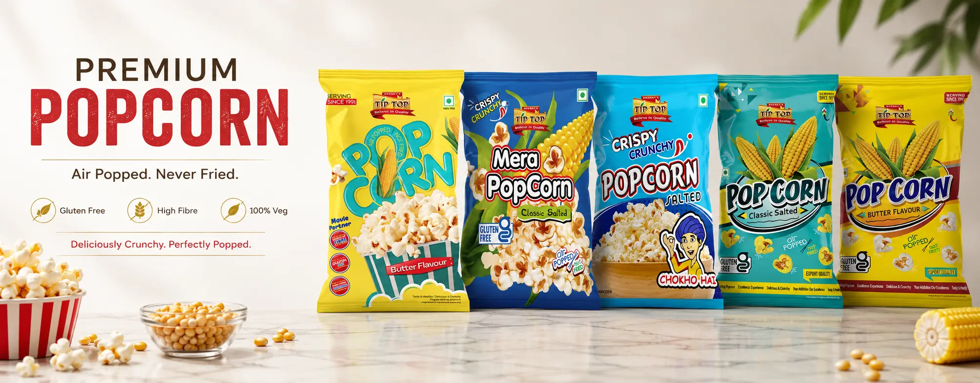 Freshly popped TipTop Kernels popcorn on the production line
