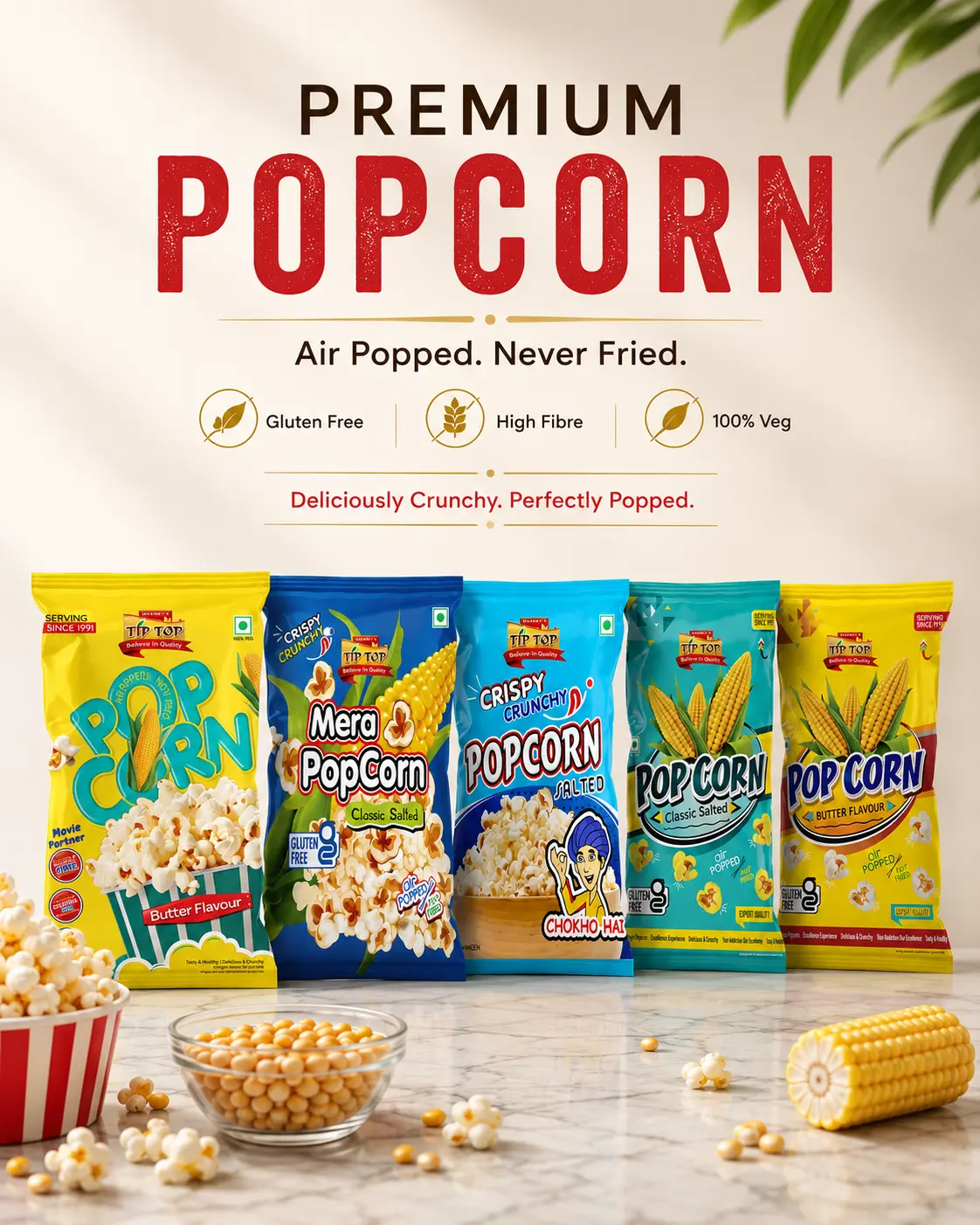 Freshly popped TipTop Kernels popcorn on the production line
